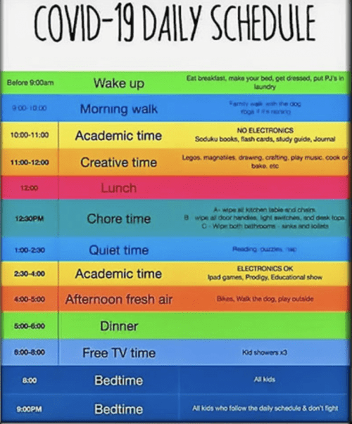 Color coded hourly schedule for children learning at home