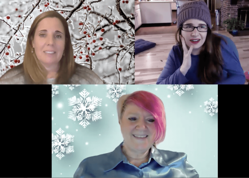 Three women smiling and chatting on zoom.