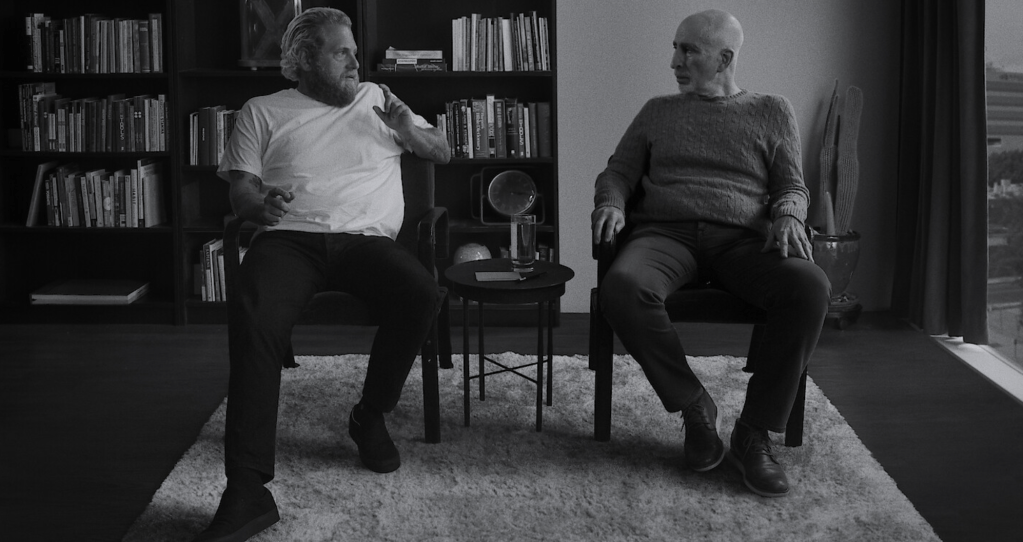 Black and white photo of actor/filmmaker Jonah Hill and his therapist Dr. Phil Stutz.