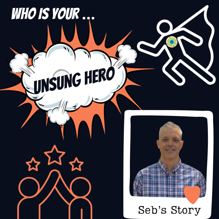 Graphic with black background that reads:
Who is your... Unsung Hero
Seb's Story.
Images of superhero with Center for Family Involvement Logo. The words "unsung hero" in comic book cloud with orange behind it. Bottom left are outlines of people high-fiving with 3 stars above. Bottom right is a picture of Seb with a heart at the bottom of the photo.